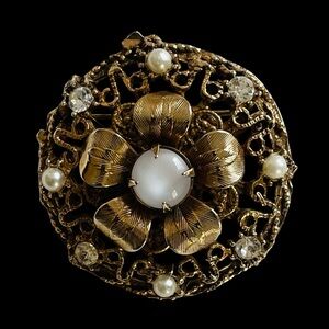 Vintage Signed Goldtone Filigree Flower Brooch With Moonstone Pearl & Rhinestone